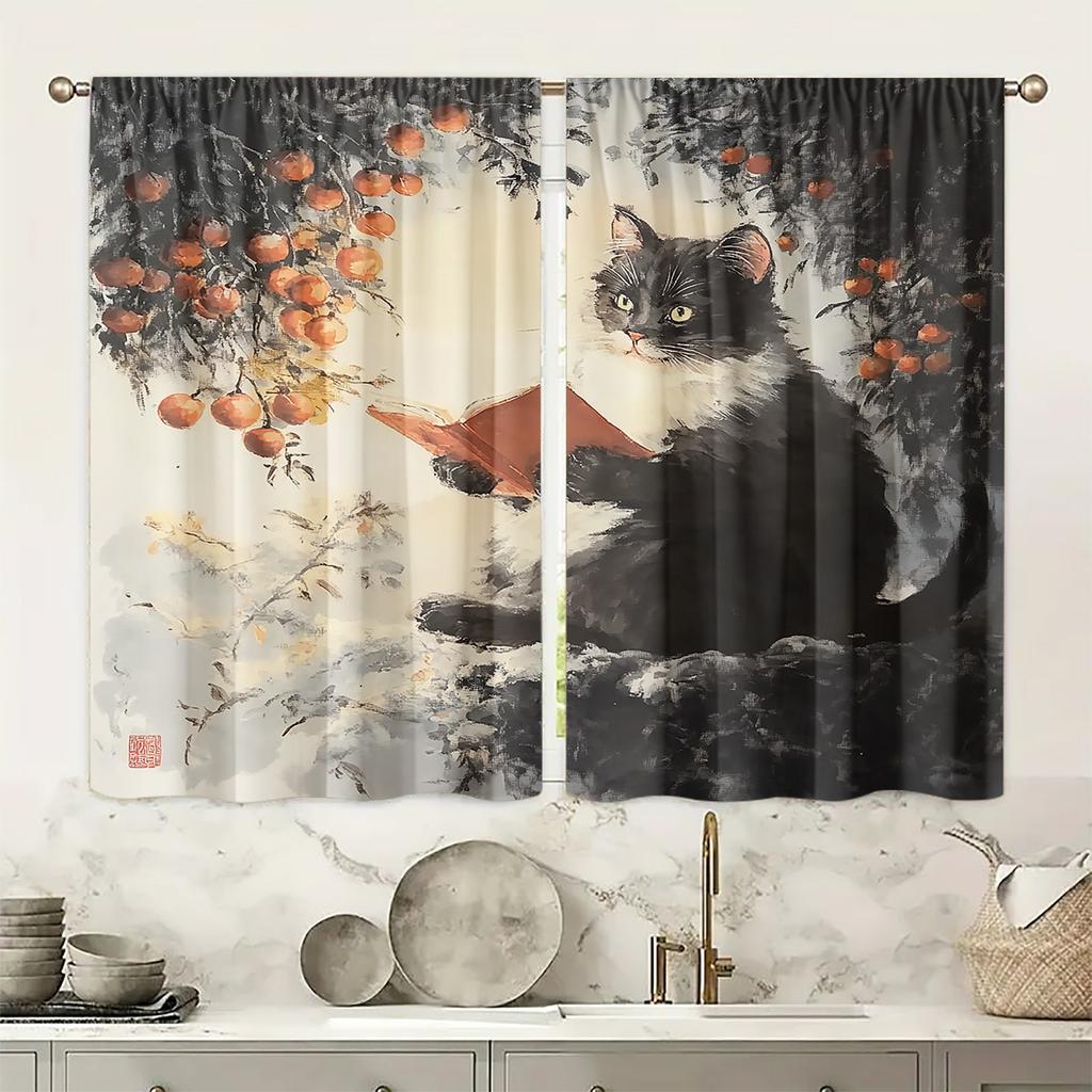 2Pcs Artistic Cat Reading Print Blackout Curtains, Polyester Rod Pocket Drapes For Bedroom, Living Room, Office - Fade-Resistant