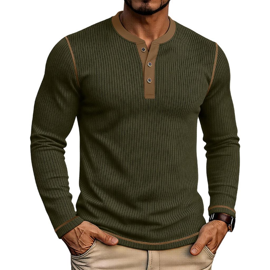 Men's Long Sleeve Henley Shirt Ribbed Knit Sweater Pullover Buttoned Collar Slim Fit Casual Top for Autumn Winter