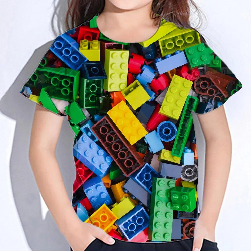 3D Colourful Bricks Short Sleeve Tshirts Summer Children's Boy's Clothing T-Shirt For Girls Kids Clothes Fashion 2026 Tees Tops