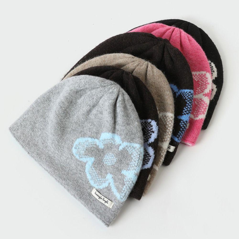 Wool Flower Jacquard Knitted Hat Printed Ear Protection Hat Cute Printing Knit Cap Winter