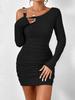 European & American Black Asymmetrical Off-Shoulder Knit Bodycon Dress with Long Sleeves