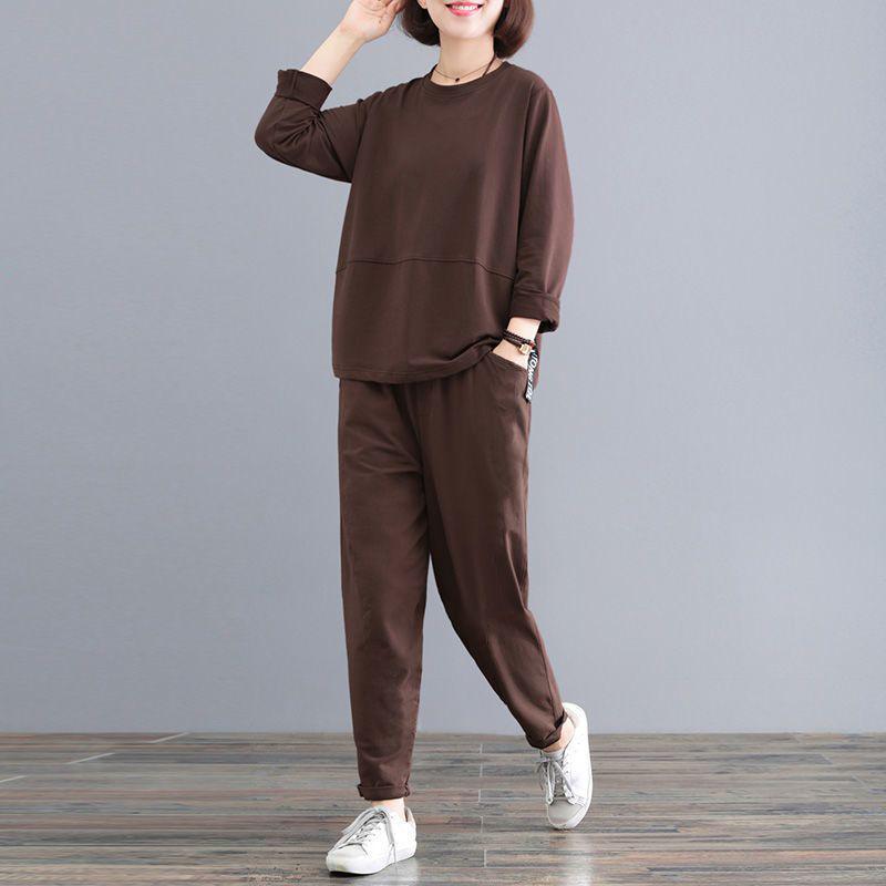 Übergröße Damen Frühling/Herbst Lässiges einfarbiges zweiteiliges Sportbekleidungsset für Mütter mittleren Alters