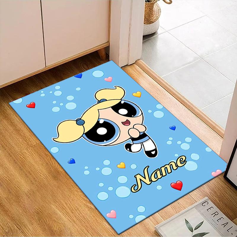 Benutzerdefinierter Name Powerpuff Abenteuer Teppich Spiel Teppich, Fußmatte für Schlafzimmer Wohnzimmer Eingangsbereich Teppich, Heimdeko Idee Geschenk für Weihnachten Geburtstag