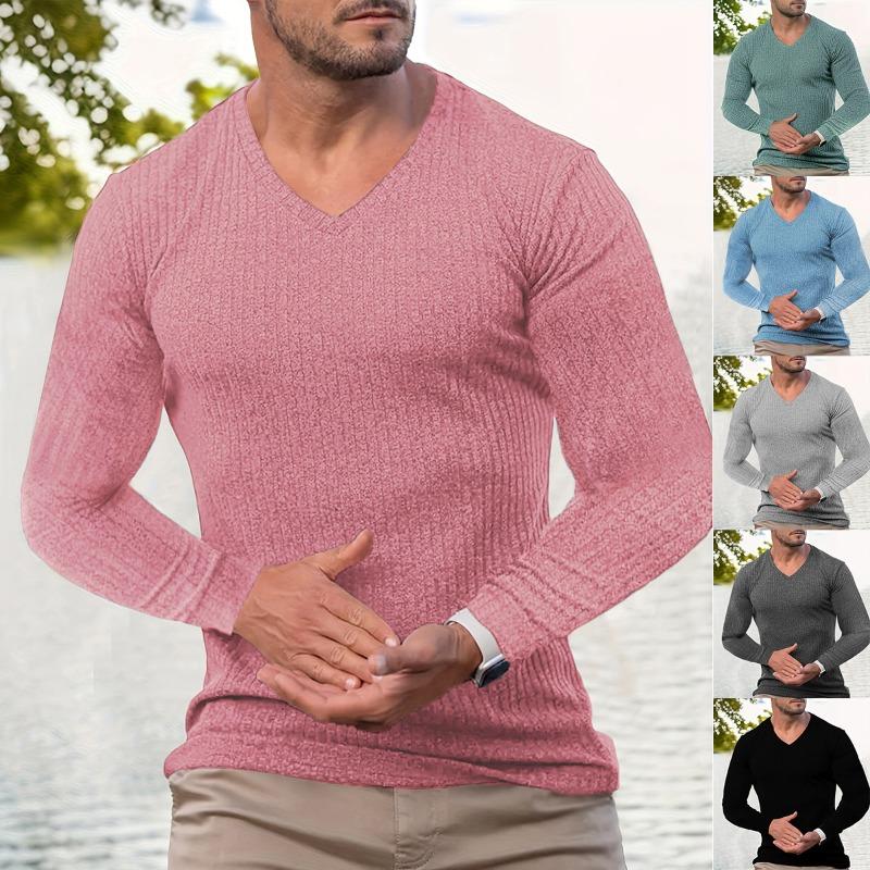 Men's Autumn Stand Collar V-Neck Long Sleeve T-Shirt, Vertical Striped Stretch Pullover Top for Sports Fitness Casual Daily Wear