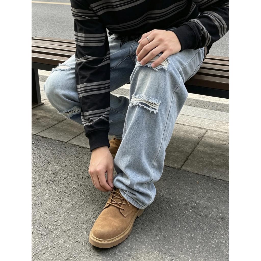 American street hip hop men's clothing graffiti letter printing ripped jeans men's loose straight trendy wide-leg trousers