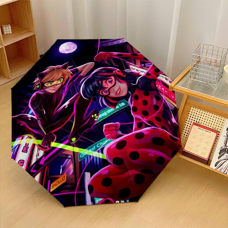 Stampa Miraculous Ladybug 8?Ombrello Pieghevole Automatico con Stecche Resistente al Vento Leggero per Viaggi all'Aperto