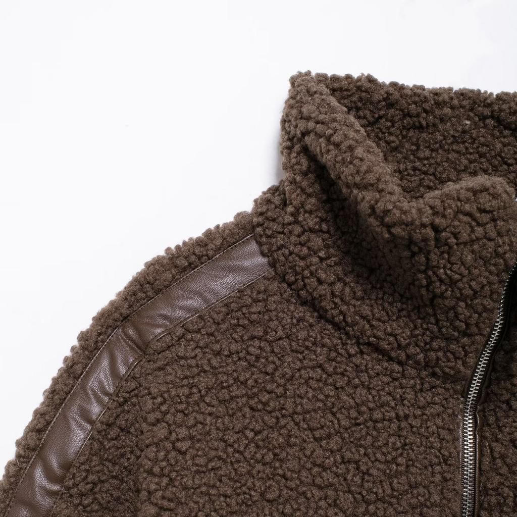 Giacca Cardigan da Donna Versatile Larga con Collo Rialzato in Velluto Teddy e Zip Doppia, Stile Europeo e Americano