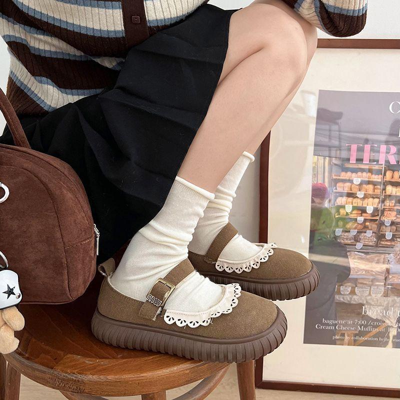 Japanese Lace Cute Round Head Velvet Warm Cotton Shoes 2025 Autumn and Winter New Versatile Light Mouth Mary Jane Shoes Women