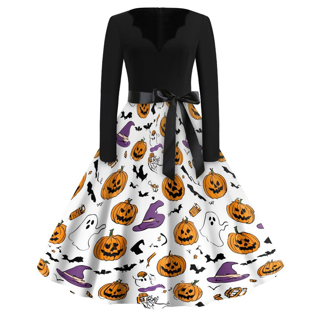 Women Casual Vintage V Neck Dress Long Sleeve Halloween Print Retro Style Midi Dress with Waist Tie Belt