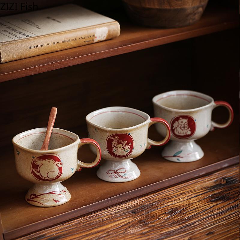 Japanese Vintage Coffee Cup Creative High Foot Water Cup Ceramic Mug Office Home Breakfast Milk Cup Drink Set Friend Gift