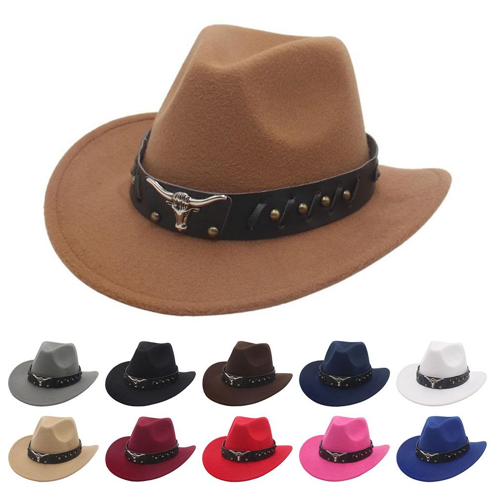 Vintage Studded Bullhead Western Cowboy Hat Ethnic Style Wide Brim Jazz Fedora Hats Tibetan Style Top Hat for Women Men