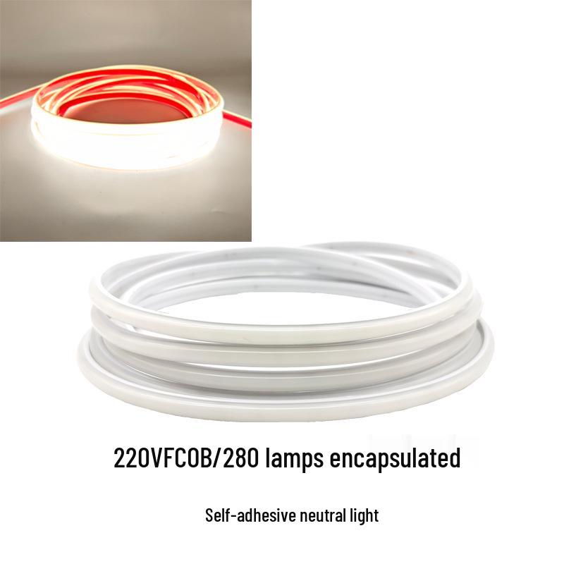 220V LED FCOB Strip - 240 LEDs, High Brightness, Even Illumination, 10cm Cuttable, Self-Adhesive.