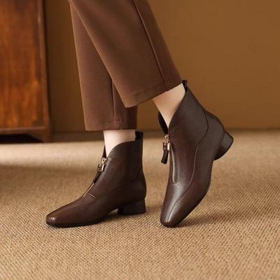 Botines de Cuero para Mujer - Estilo Francés Cremallera Delantera Botas de Moda Suela Antideslizante Forro de Felpa Zapatos Cálidos de Invierno