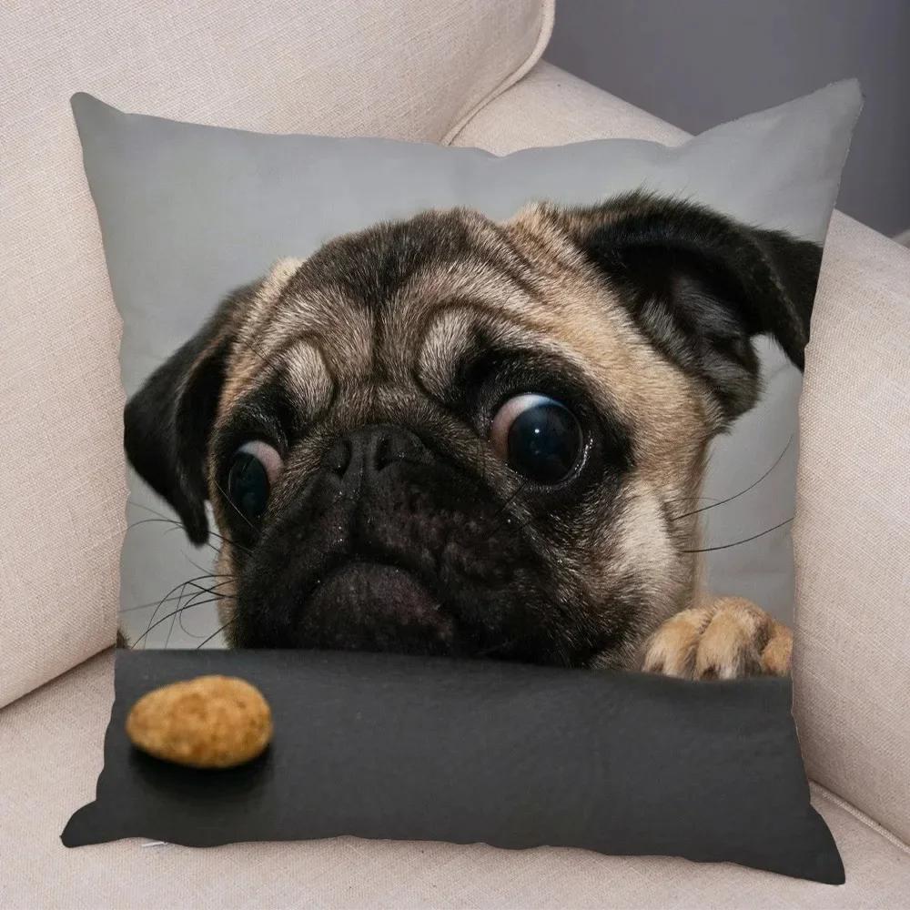 VIKAMA Nordic-Style Adorable Dog Cushion Cover Pug Print Cushion Cover Bedroom Living Room Sofa Decorative Cushion Cover