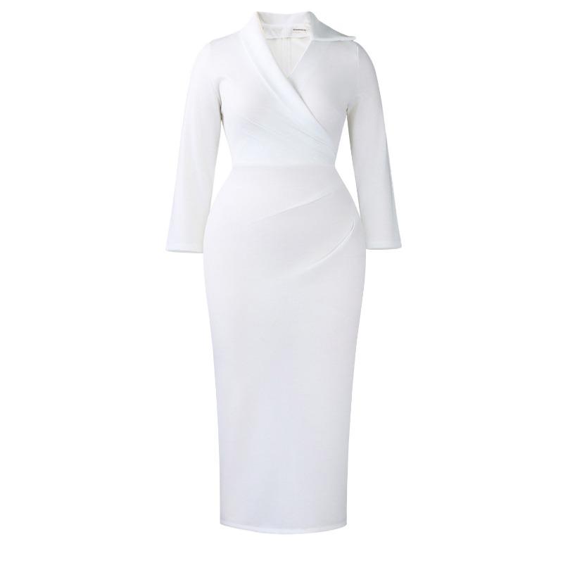Plus Size Women Sexy Slim Fit V Neck Solid Color Bodycon Pencil Midi Dress