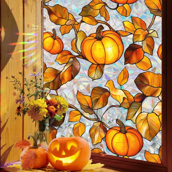 Rainbow Window Privacy Film Halloween Non-Adhesive Glass Sticker Prism Stained Static Clings Sun Blocking Privacy Decals for Living Room Bedroom