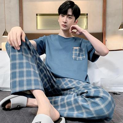 Pijamas para Hombre Tops y Pantalones Ropa de Dormir Sencilla Algodón Fino Masculino Talla Grande Estudiantes Jóvenes Casual Rayado Conjunto de Dos Piezas