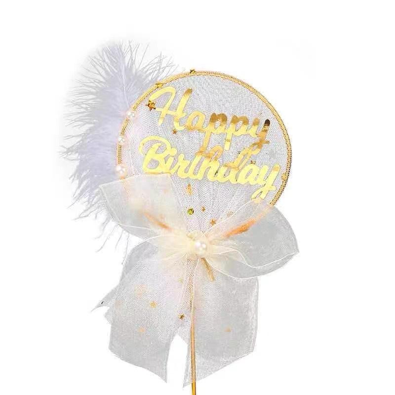 Shiny White Mesh heart round Happy Birthday Cake Topper with feather for Girls Women Princess Birthday Party cake Decorations