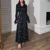 Elegant Autumn 2025 Retro Print Dress with Ruffled Sleeves and Waist-Cinching Design - European & American Style