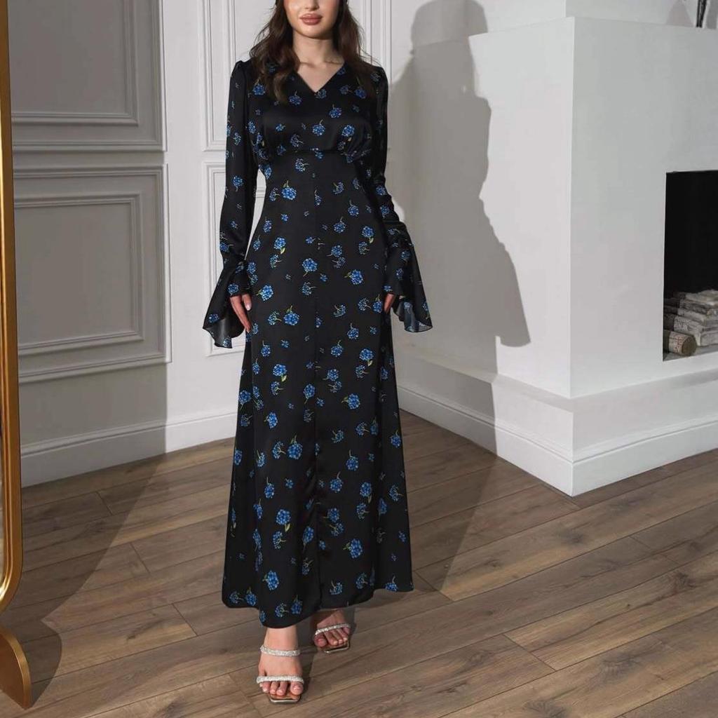 Elegant Autumn 2025 Retro Print Dress with Ruffled Sleeves and Waist-Cinching Design - European & American Style