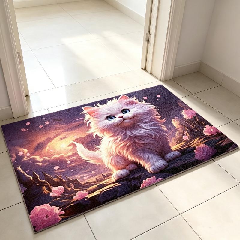 Purple Fluffy Cat With Headphones Fantasy Galaxy Rose Print Doormat Non Slip Entrance Floor Mat Cute Pet Front Door Home Decor Rug