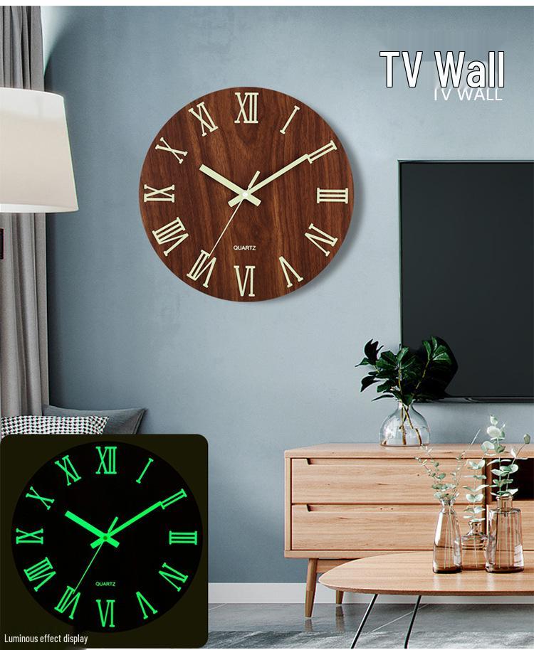 8" Silent Luminous Wall Clock, Wood Grain MDF, Fluorescent Quartz Clock