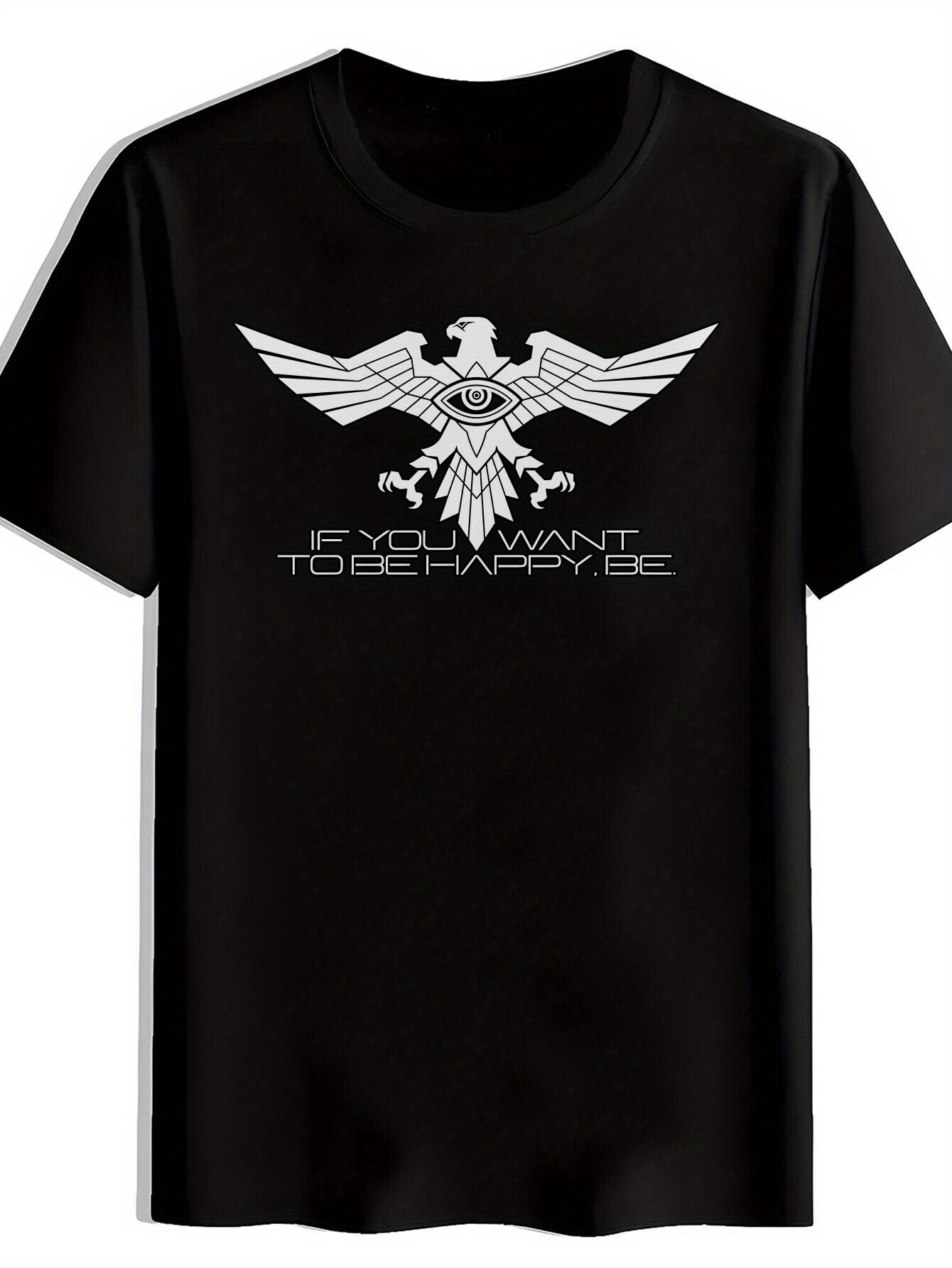 Black T-shirt with Eagle Graphic &  If You Want to Be Happy  Print - Casual Polyester Round Neck Tee for Summer M
