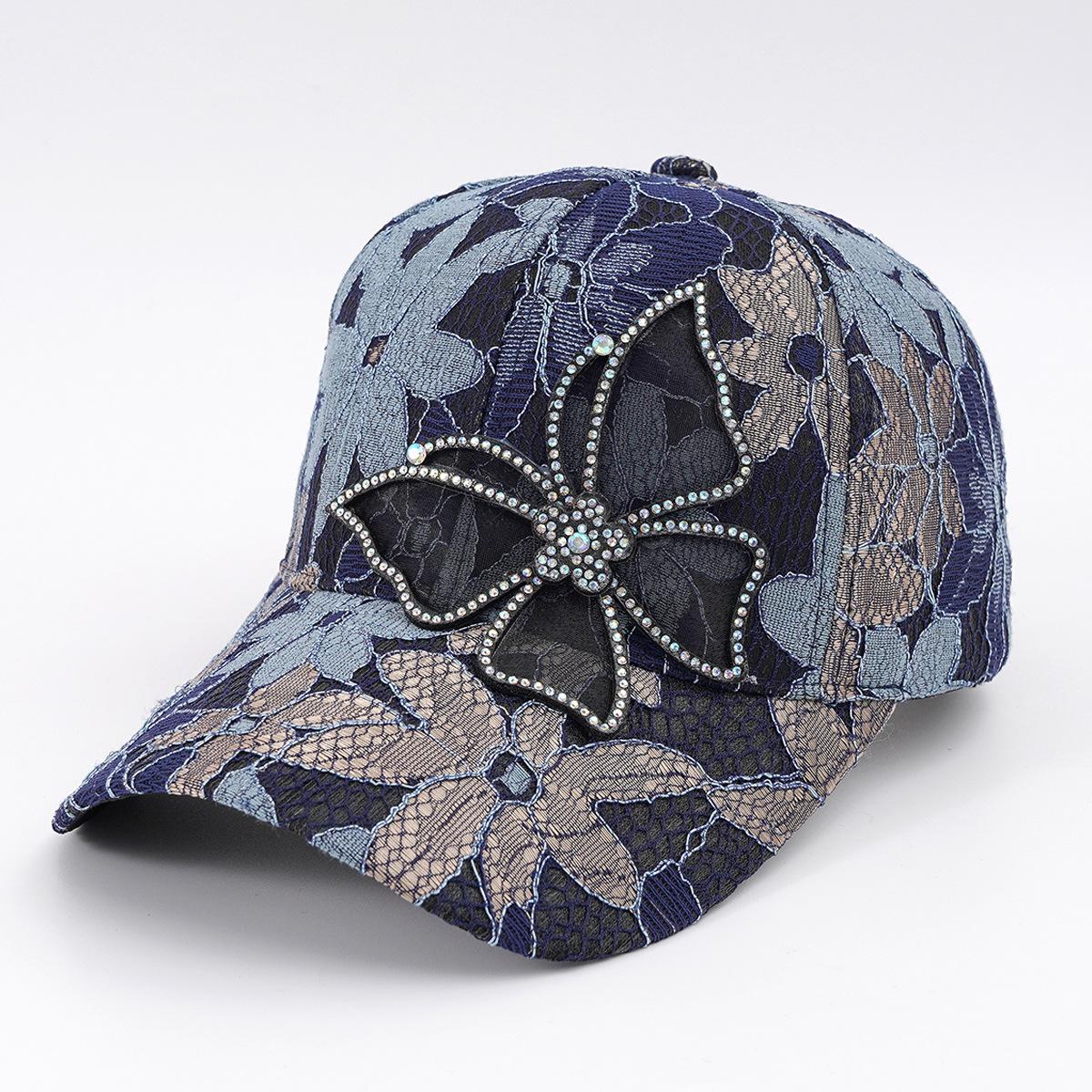 

New Women s Breathable Baseball Cap Lace Rhinestone Butterfly with Embroidered Flower Mesh Cap Pastoral Travel M（56-58cm）