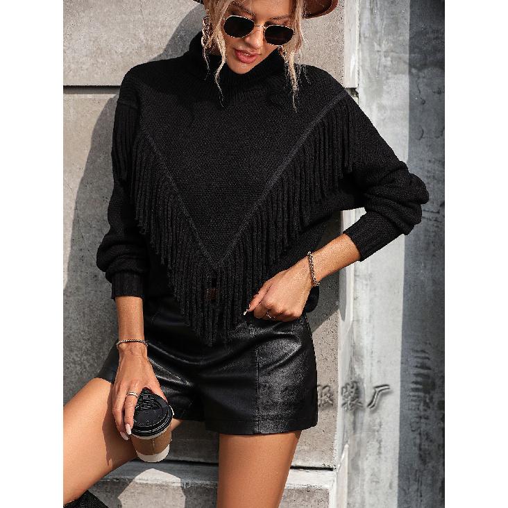 2024 Autumn And Winter New European And American Women'S Loose Tassel Solid Color Knitted Sweater High Neck Sweater
