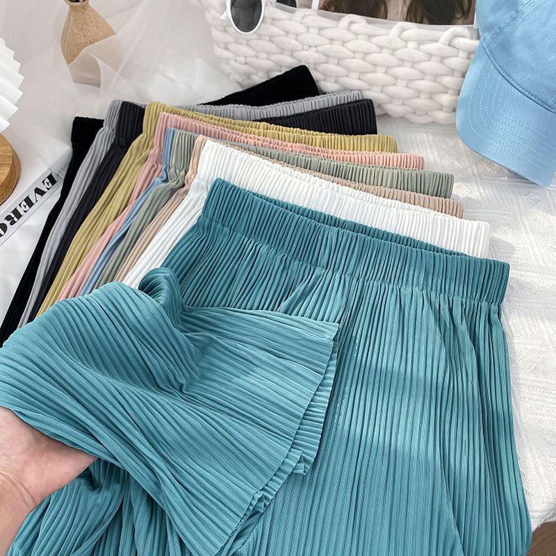 High-Waisted Ice Silk Pleated Wide-Leg Women's Pants: Slimming, Versatile, Floor-Length, Sun Protection, Mosquito Repellent, Casual Summer Wear
