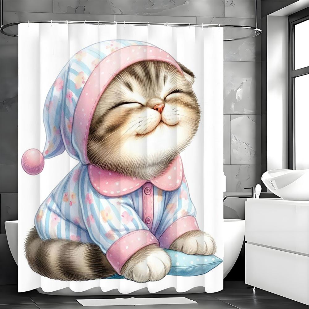 Cute cat sitting in pajamas on soft cushion Shower Curtain, Bathroom Decorative Shower Curtain, Waterproof Shower Curtain with H