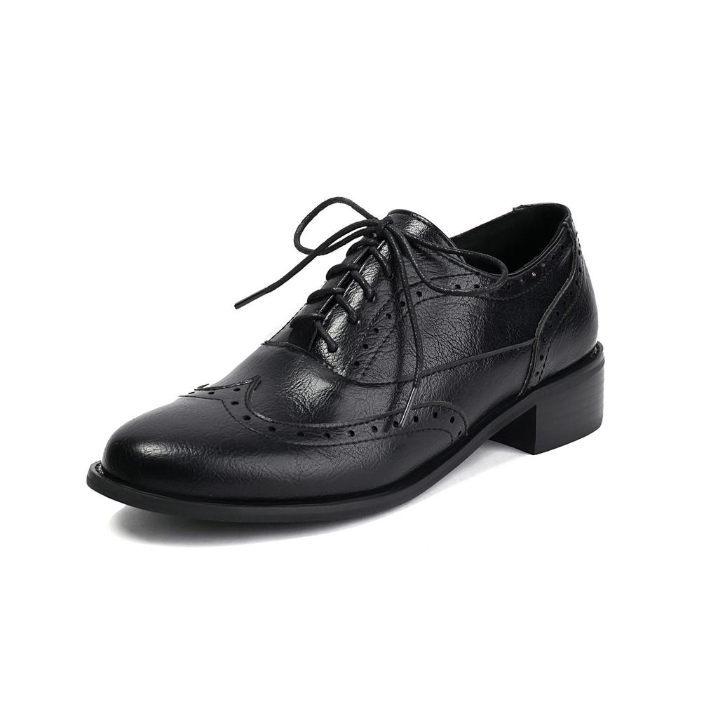Comfortable Oxfords Flats Stylish Women's Perforated Heeled Brogue Wingtip Classic Lace-up Saddle Shoes Leather Walk Wear