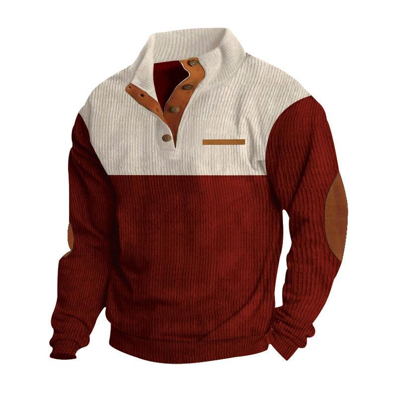 Men's Hoodie Outdoor Casual Button Up Collar Loose Corduroy Color Blocked Long Sleeved Shirt