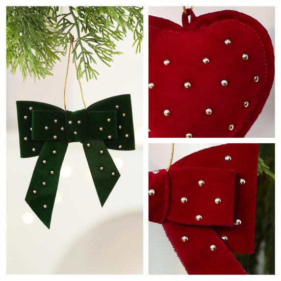 Velvet Christmas Tree Ornaments Rhinestones Heart Bow Shape Hanging Decor for Xmas Tree Window