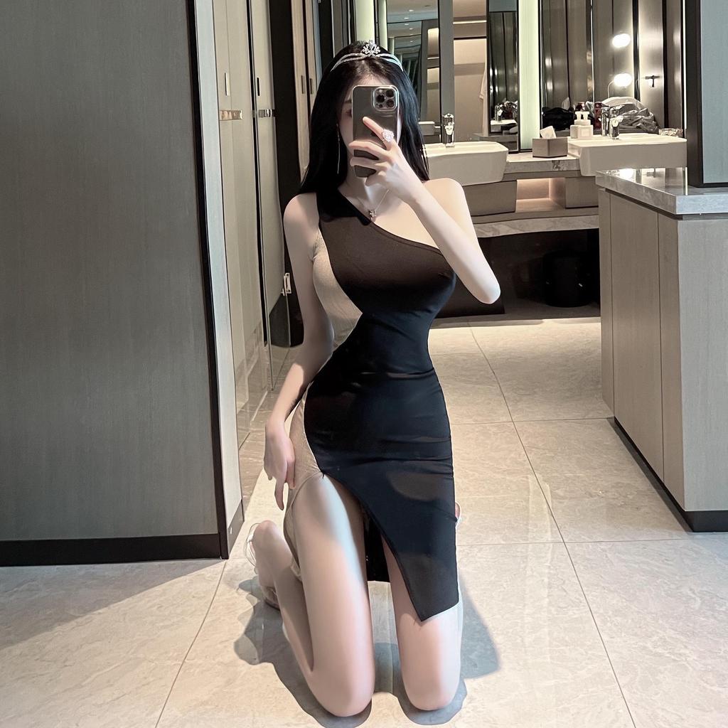 European & American Style Color Block One-Shoulder Slimming Dress - Sexy Summer Slit Vest Short Skirt