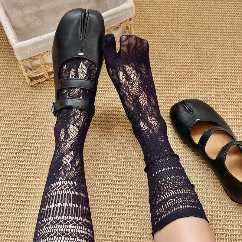 Two-toe Thin Style Stockings - White Ballet-style Retro Elegant Calf Socks - Breathable Thin Style with Openwork Design - Layered Stockings for Women
