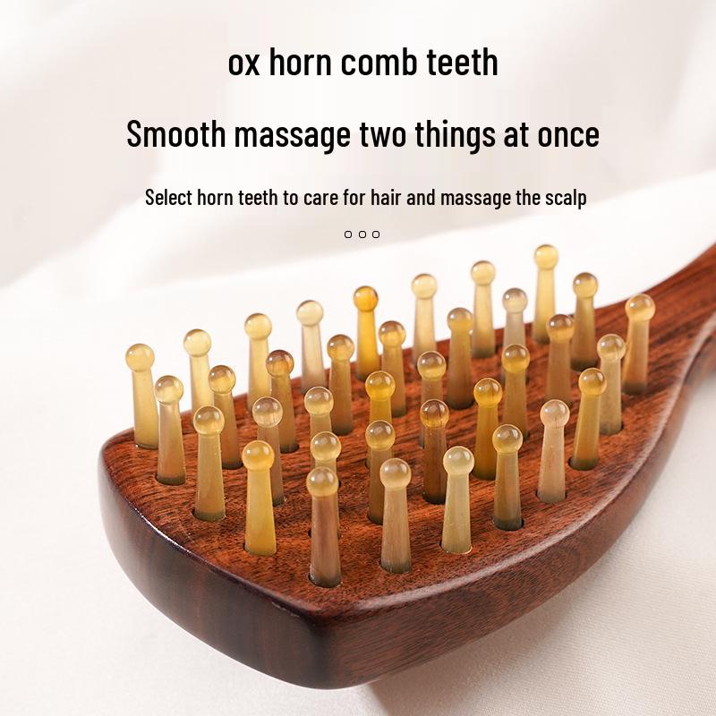 Curved Handle Ox Horn & Sandalwood Massage Comb with Pin Teeth for Men and Women