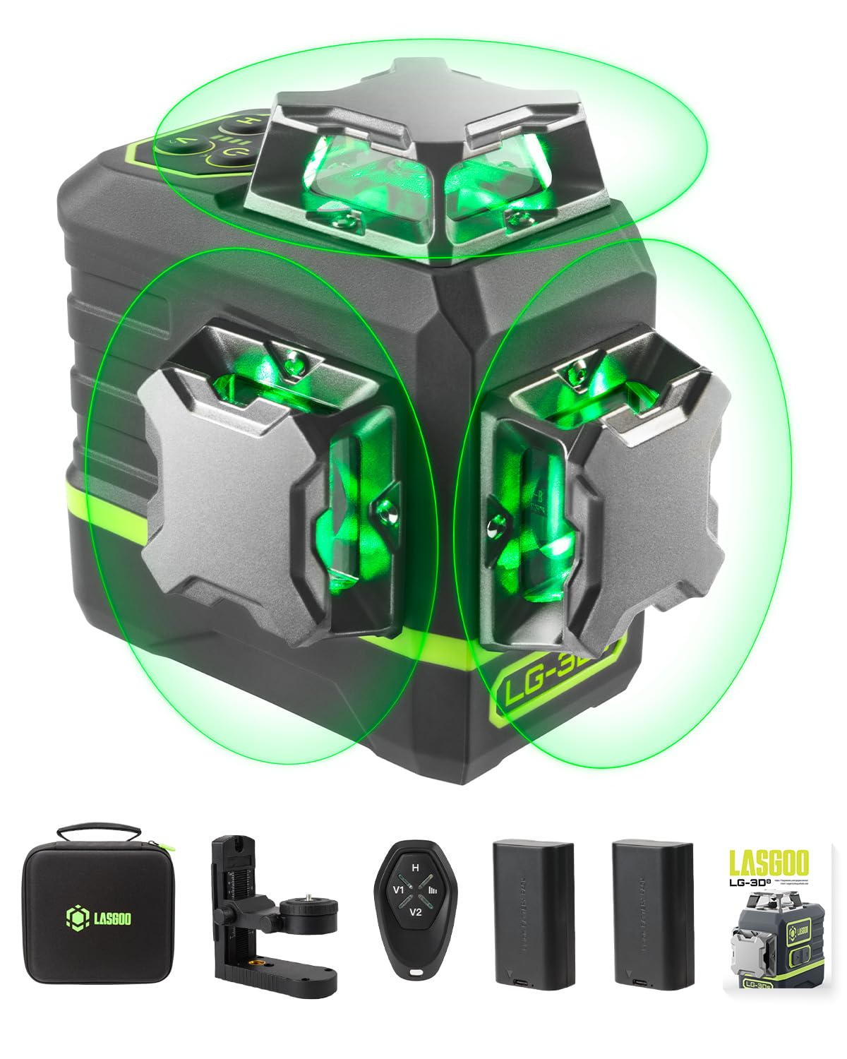 

Лазерный уровень LasGoo с 3 зелеными перекрестными линиями, идеально подходит для строительства и включает пульт дистанционного управления, профессиональный магнитный вращающийся и 2 перезаряжаемые батареи LG-3Ds