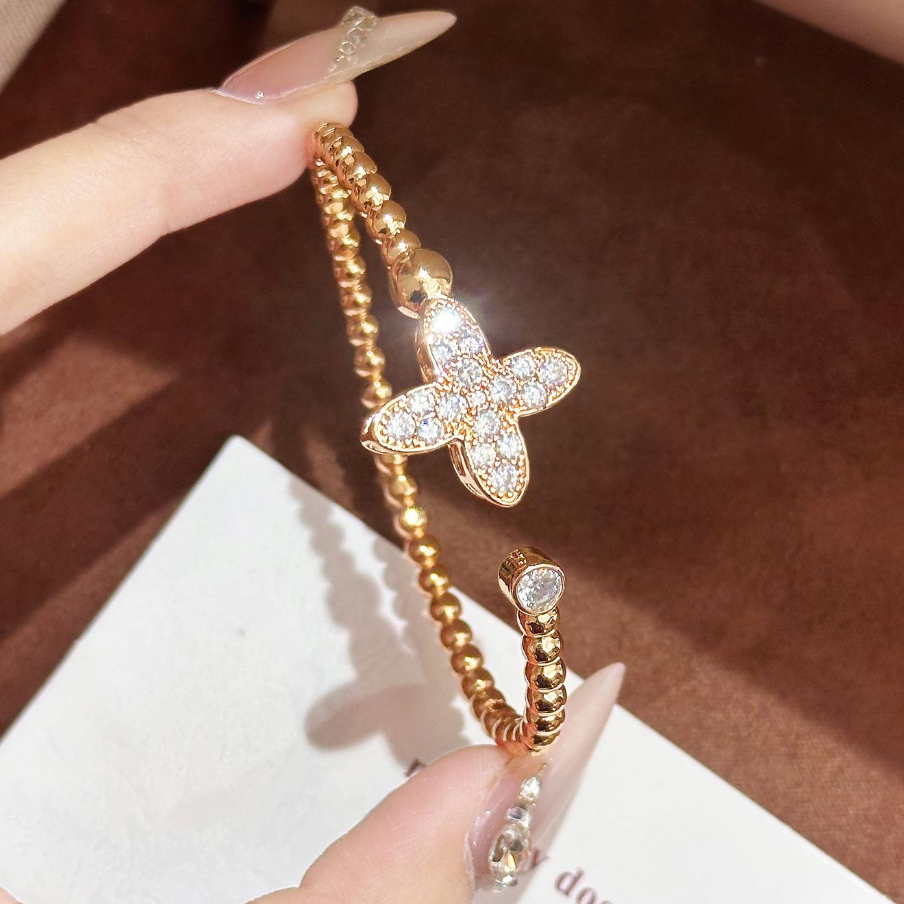 Four-leaf Clover Round Bead Delicate Flower Open Bracelet Retro High-end Hand Stacking Bracelet One Size(16-22CM)
