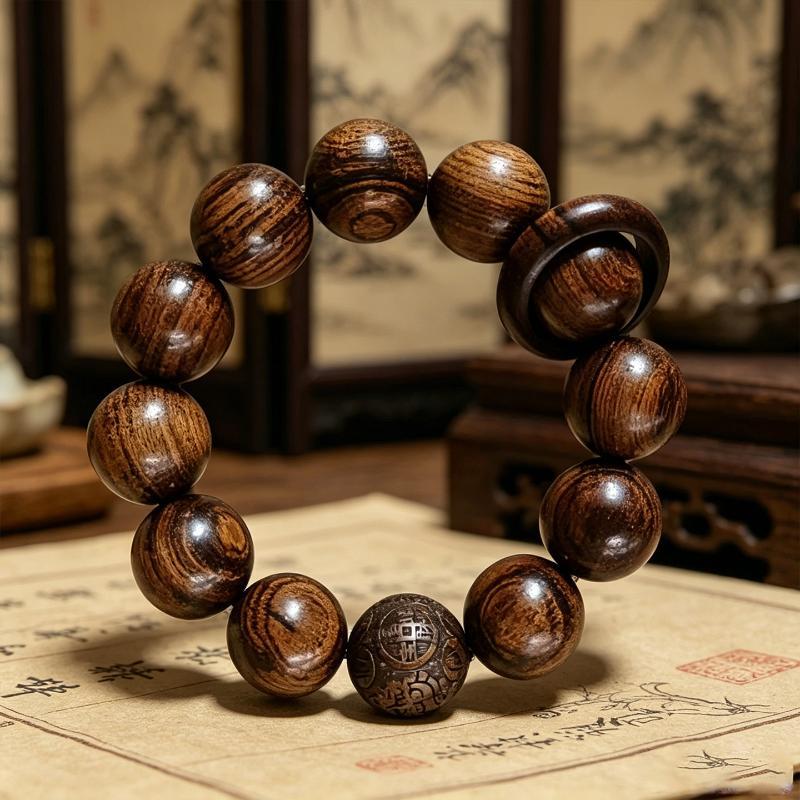Natural Huanghuali Wood Beaded Bracelet 1Pcs Black Smooth Polished Handcrafted for Daily Wear Birthday Gift for Friends Family