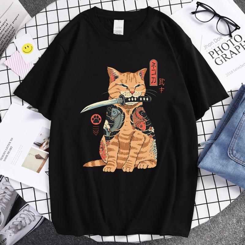 Summer Unisex 100 Cotton Shortsleeved Breathable Samurai Cat Personalized Print Tshirt For Casual And Loose Fit Hiphop Style