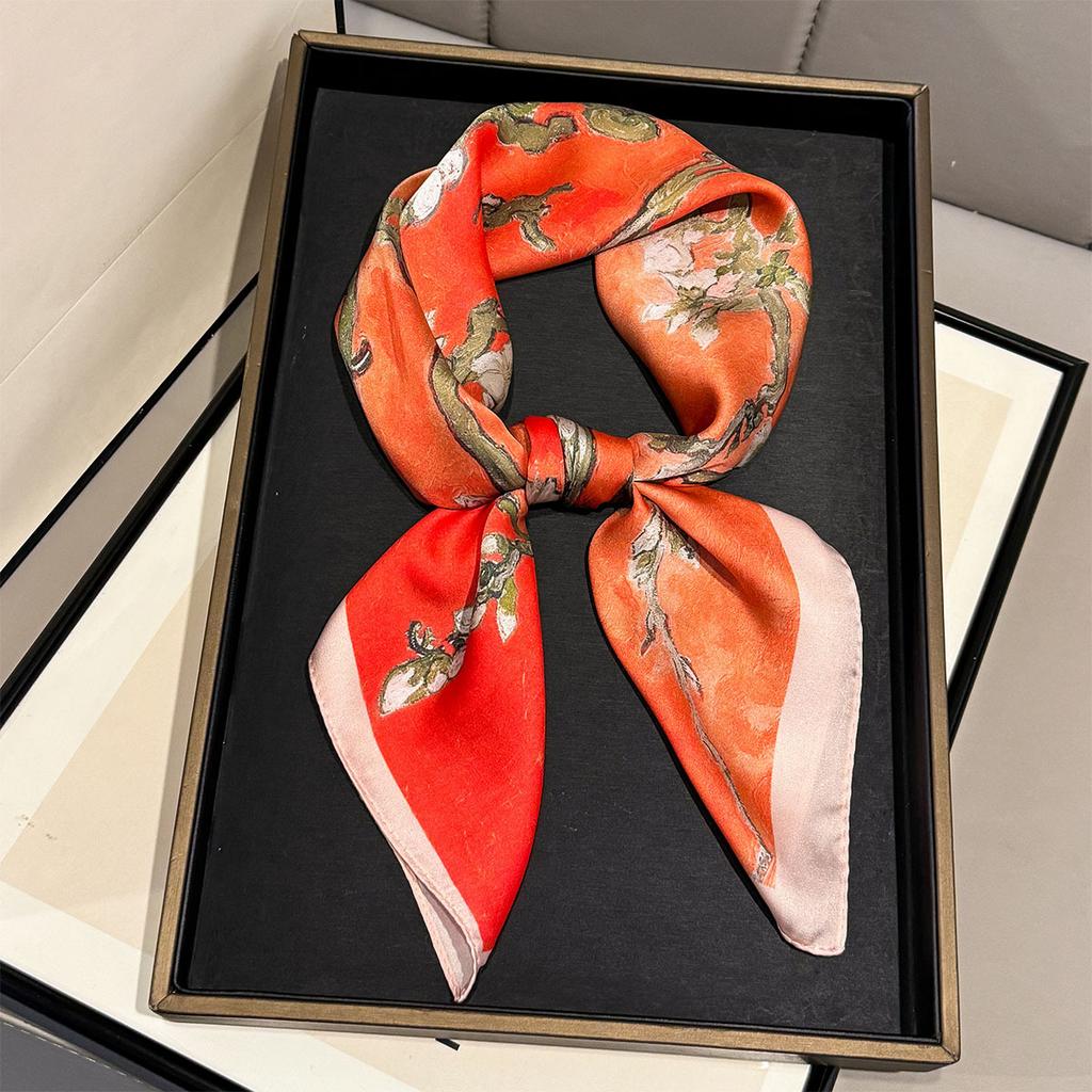 Retro Floral Print Silk Square Scarf for Women Headscarf Soft Neck Tie Lady Hijab Foulard Bandana Suitable All Seasons Decorate