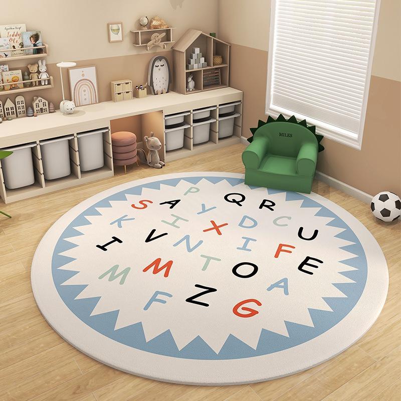 Cheerful Colorful Alphabet Flower Round Rug Soft Plush Non-slip Educational Kids Room Play Area Nursery Home Decor Mat Bedroom
