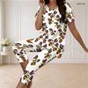 Women Plus Size White Printed Round Neck Short Sleeve Flared Top Capri Pants Two Piece Pajama Set