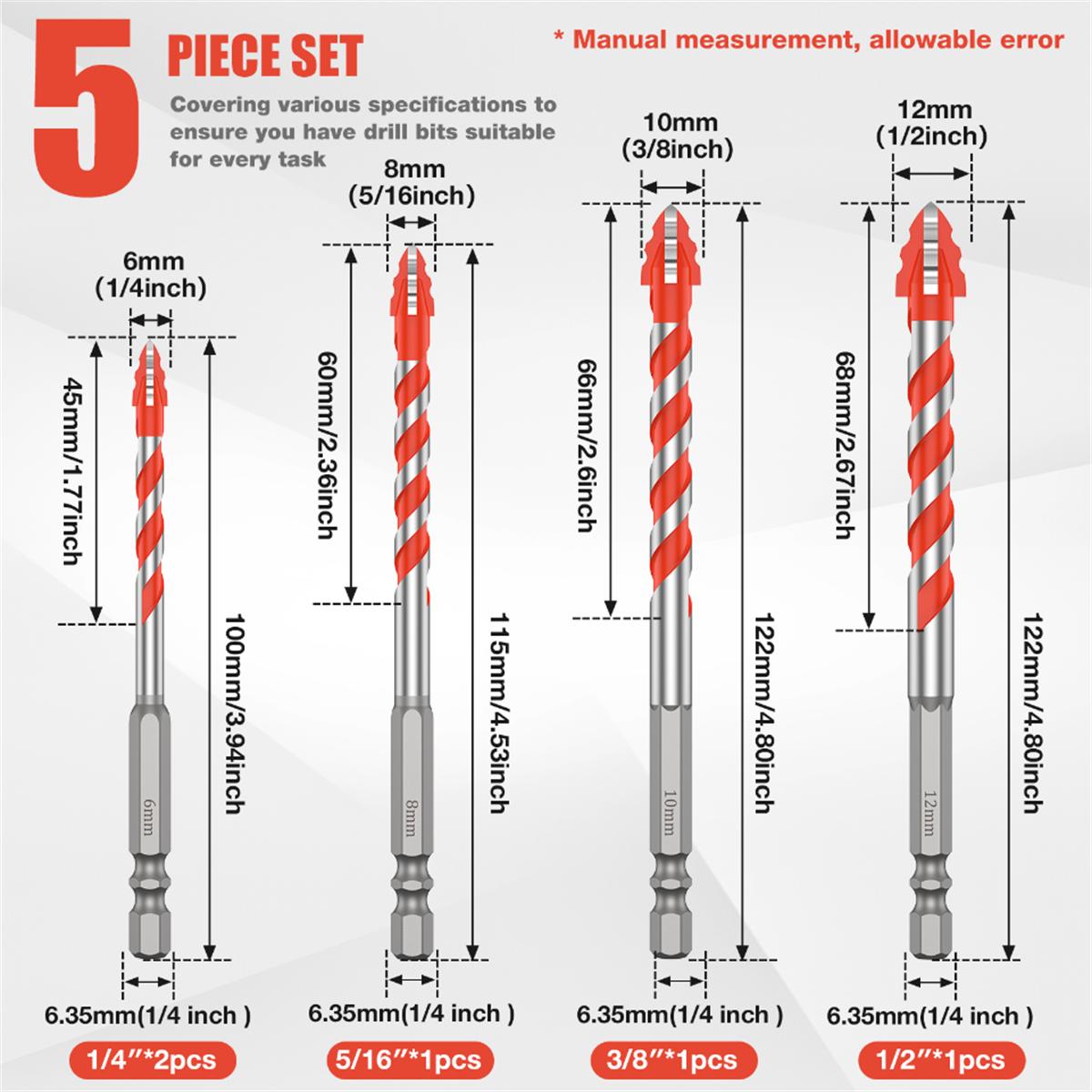 

10/7/6/5PCS Hexagonal Shank Tile Drill Set Glass Drill Masonry Drill Bit Set 3-12 mm Drill Ceramic Drill Tile Drilling Tools Set