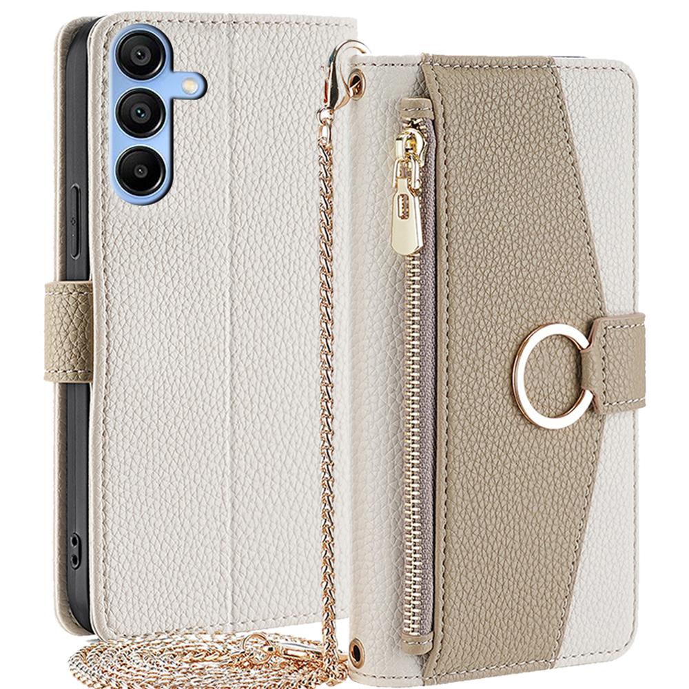 

For Samsung Galaxy A15 4G/A15 5G Crossbody Case Leather Wallet Zipper Pocket Smart Phone Cover White