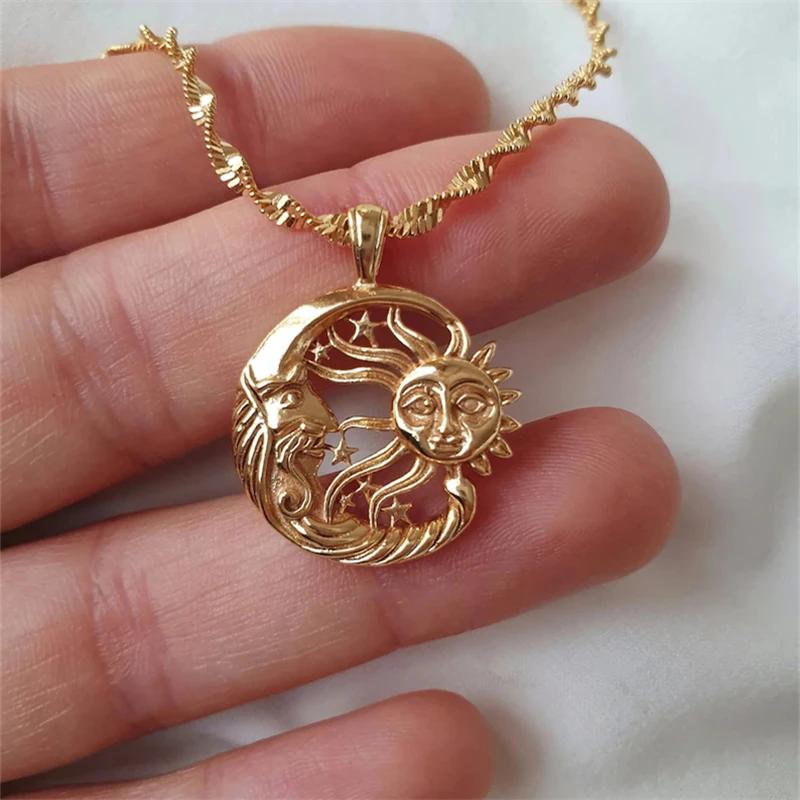 Greek Mythology Human Face Sun Moon Hug Each Other Pendant Necklace Creative Design Couple Necklace Featured Gift Jewelry