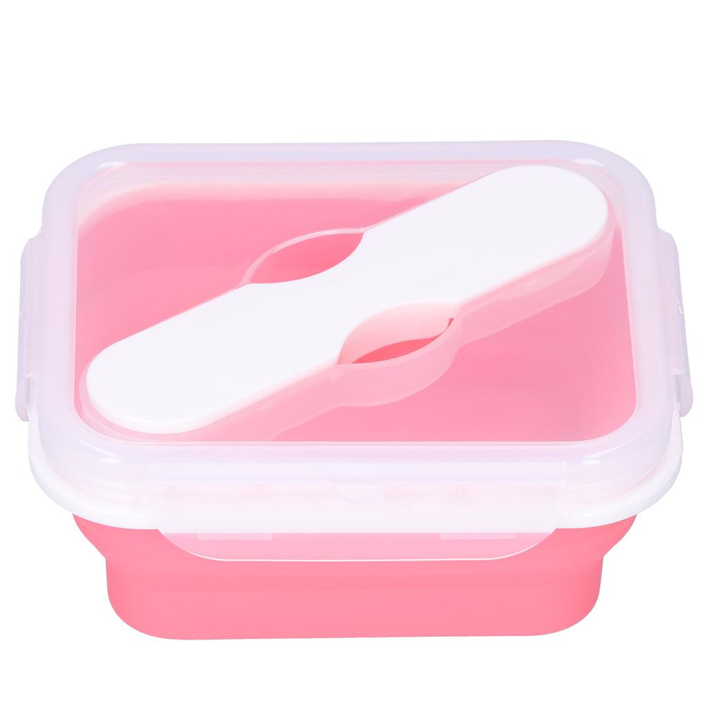 Silicone Insulation Box Portable Lunch Box with Integrated Fork Spoon for Office SchoolPink 600ML