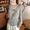 Milk Yellow Threaded Semi-open Neck Slim-fitting Knitted Shirt Women's Autumn and Winter Thin Pit Strip Design Sense Long-sleeved Bottoming Top