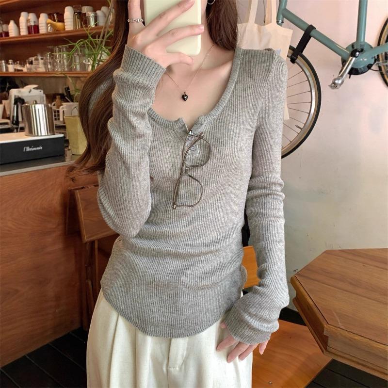 Milk Yellow Threaded Semi-open Neck Slim-fitting Knitted Shirt Women's Autumn and Winter Thin Pit Strip Design Sense Long-sleeved Bottoming Top